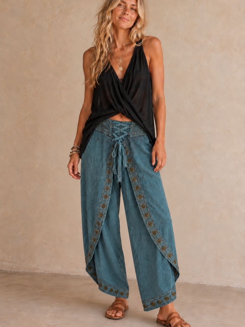 Boho Embroidered Wrap Pants Teal Lace Up Waist Angled Hem Festival